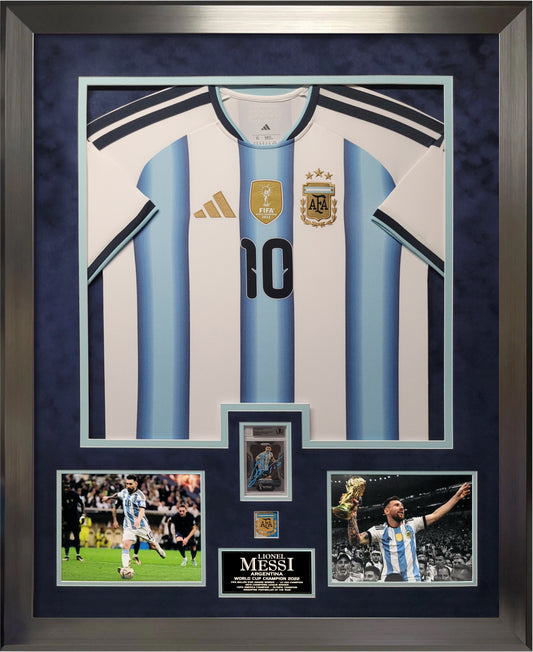 Lionel Messi Autograph Trading Card - Framed Argentina Jersey Insert Collage - Framed 37x45 - Beckett Authentication