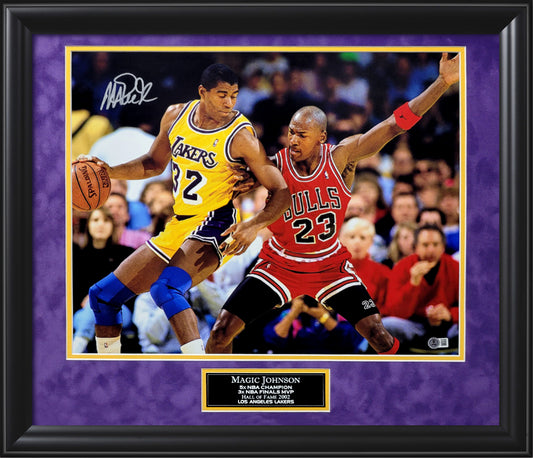 Magic Johnson Autograph 16x20 Photo - Vs Jordan - Los Angeles Lakers - Framed 23x27 - Beckett Authentication