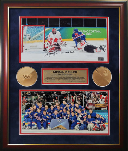 Megan Keller Autograph 16x20 Photo - Gold Medal Collage - "Golden Goal" Inscription - Team USA - Framed 19x23 - New England Picture Authentication