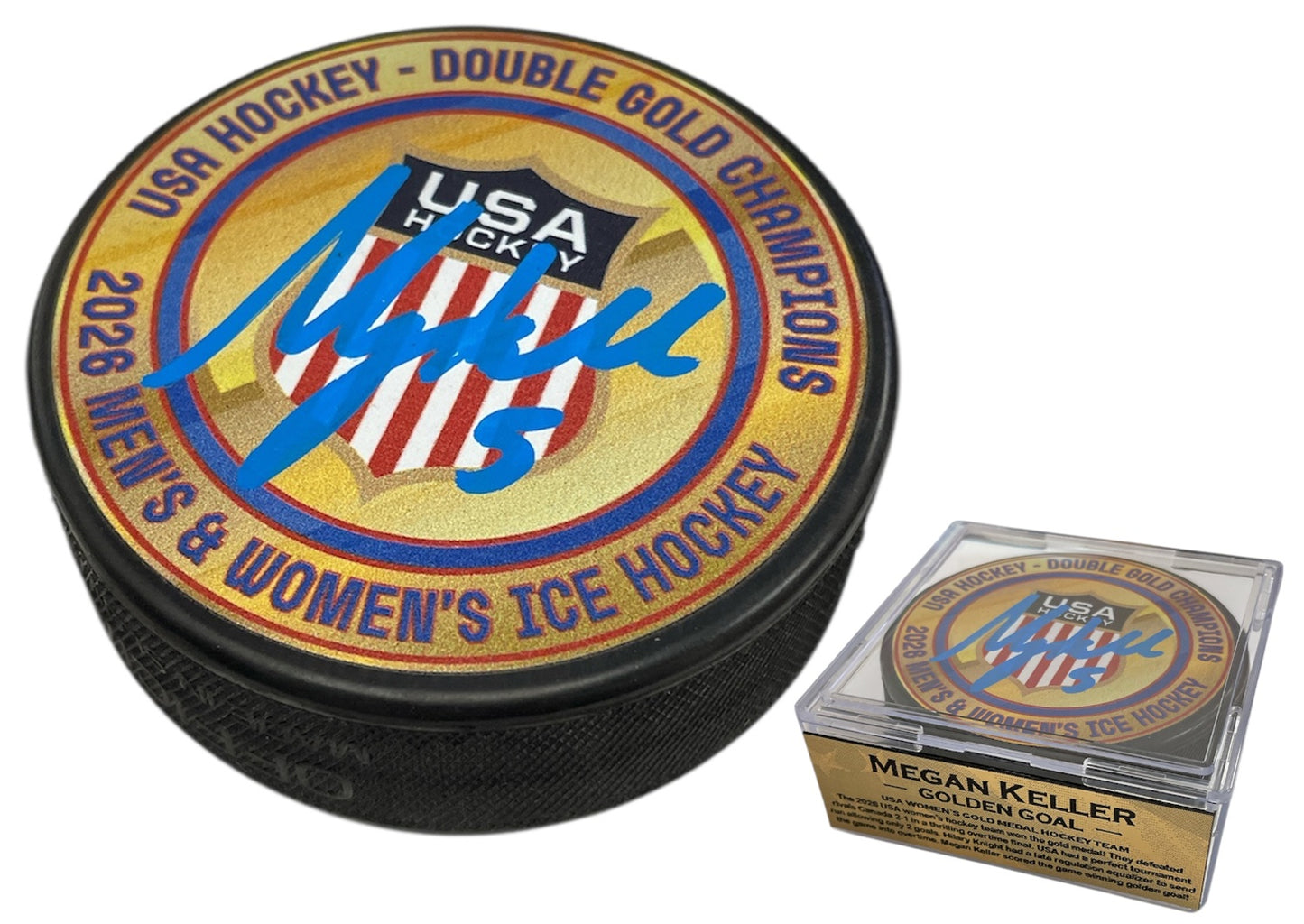 Megan Keller Autograph Puck - Men's and Women's Double Gold Champions - USA Hockey