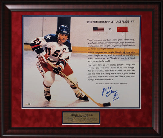 Mike Eruzione Autograph 16x20 Photo - Herb Brooks Quote - "80 Gold" Inscription - Team USA - Framed 23x27 - JSA Authentication