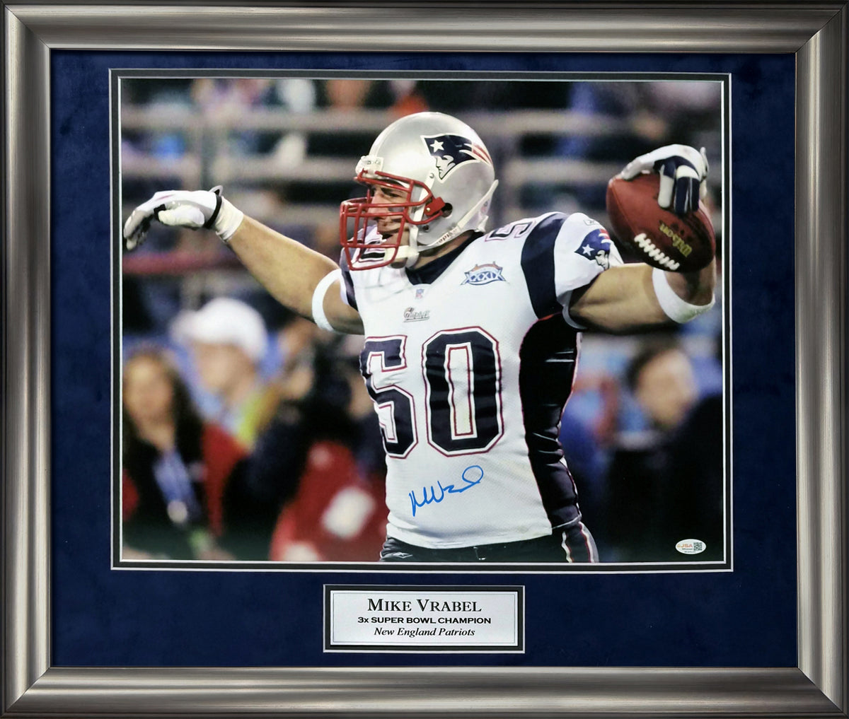 Mike Vrabel Autograph 16x20 Photo - Super Bowl 39 - New England Patriots - Framed 23x27 - JSA Authentication