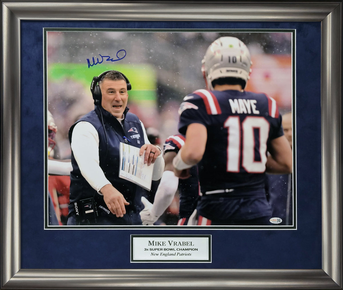 Mike Vrabel Autograph 16x20 Photo - Sidelines With Maye - New England Patriots - Framed 23x27 - JSA Authentication