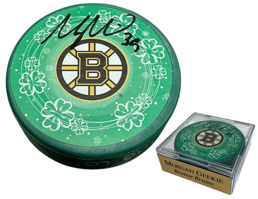 Morgan Geekie Autograph Puck - Spoke B Shamrock - Boston Bruins