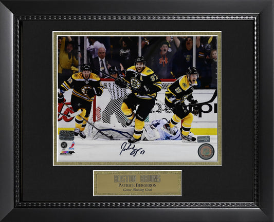 Patrice Bergeron Autograph Photo Playoff Game Winning Goal 11 x 14