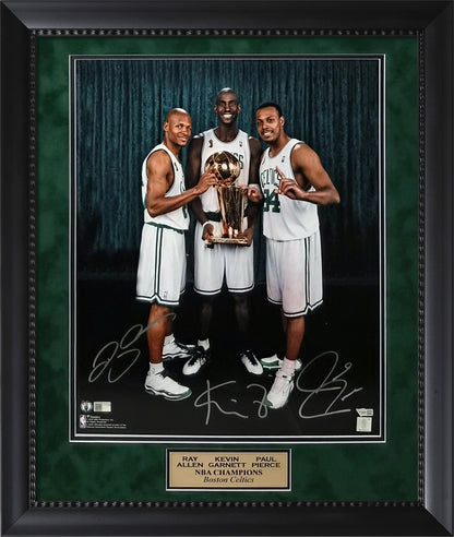 Ray Allen, Kevin Garnett, Paul Pierce Triple Autograph 16x20 Photo - NBA Championship Trophy - Boston Celtics - Framed 23x27