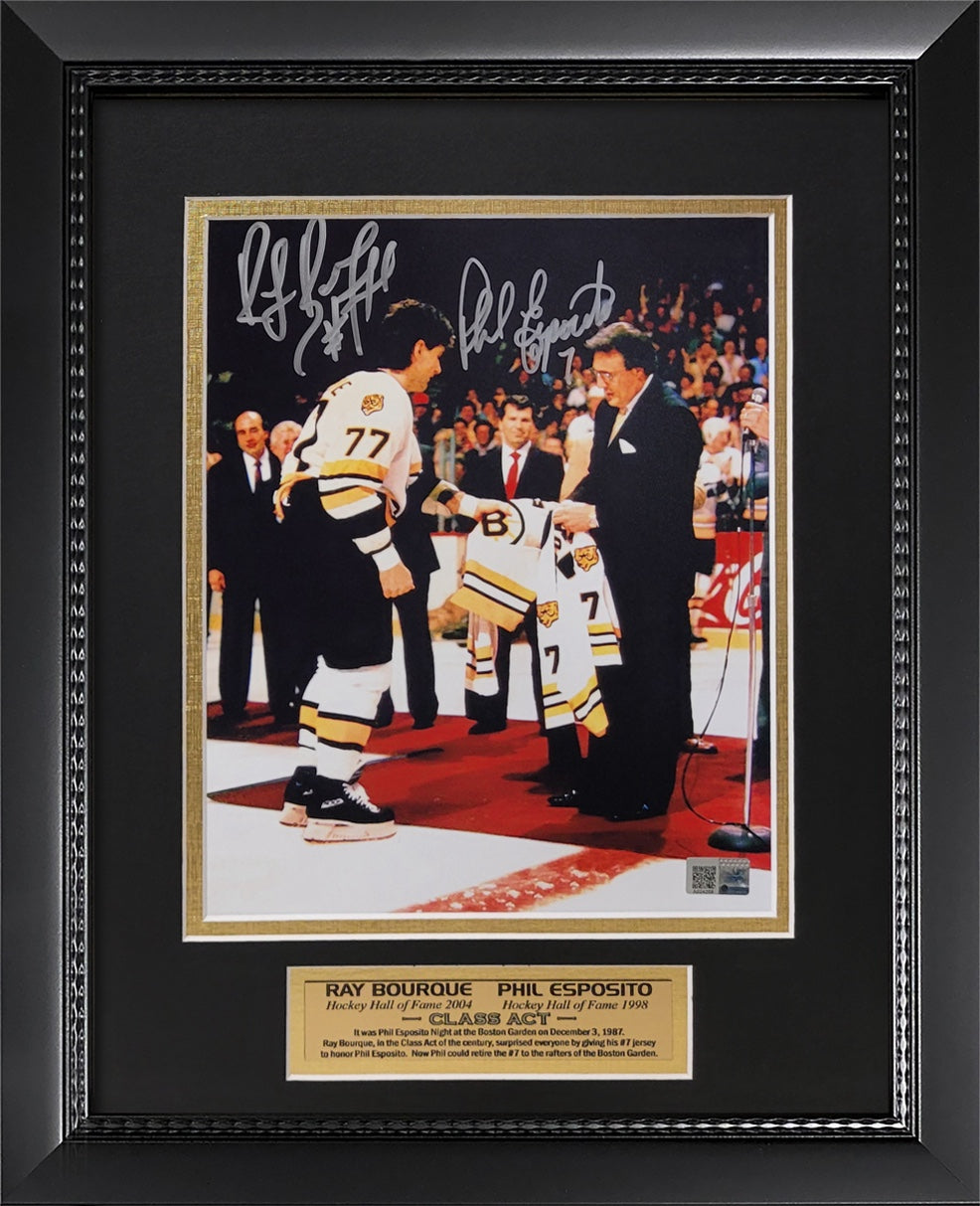 Ray Bourque, Phil Esposito Double Autograph 8x10 Photo - Class Act - Boston Bruins - Framed 13x16 - New England Picture Authentication