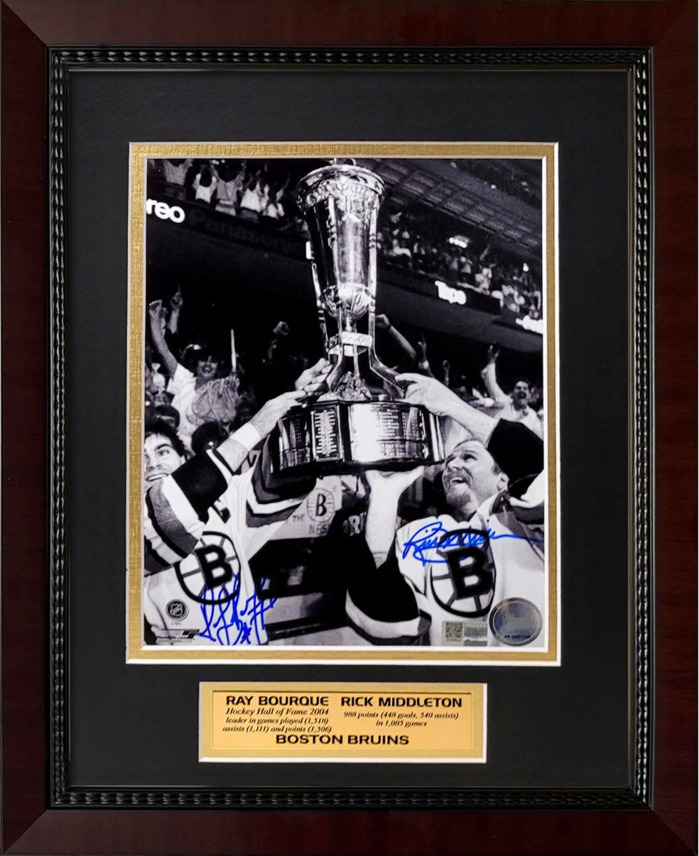 Ray Bourque, Rick Middleton Double Autograph 8x10 Photo - 1988 Wales Conference Champions - Boston Bruins - Framed 13x16 - New England Picture Authentication