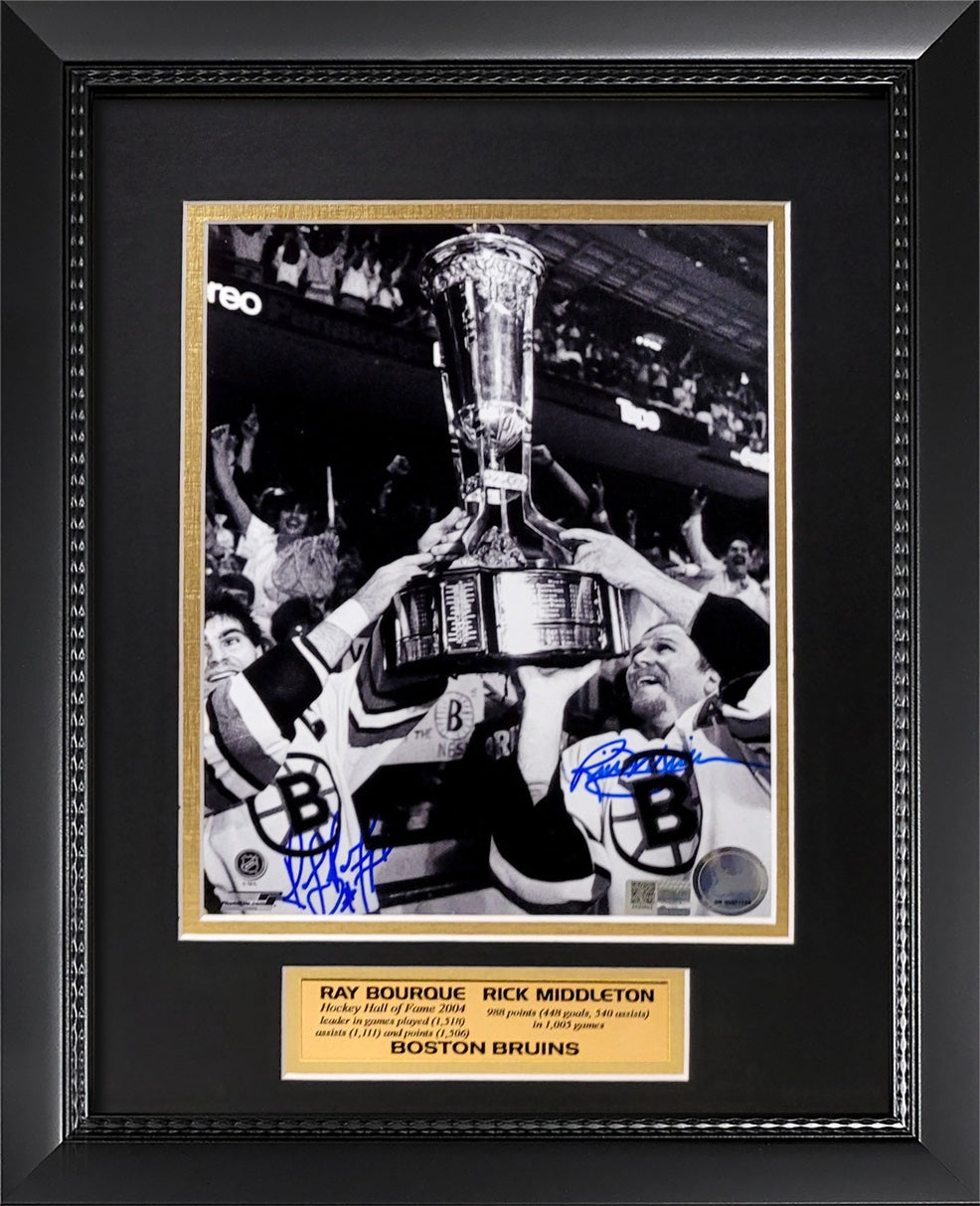 Ray Bourque, Rick Middleton Double Autograph 8x10 Photo - 1988 Wales Conference Champions - Boston Bruins - Framed 13x16 - New England Picture Authentication