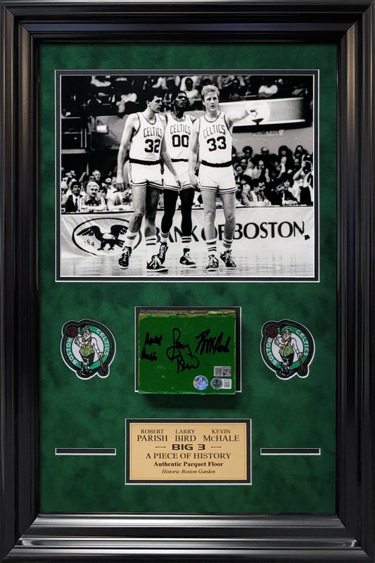 Larry Bird, Robert Parish, Kevin McHale Triple Autograph Parquet Floor Piece - Boston Celtics - Framed 18x26 Shadow Box