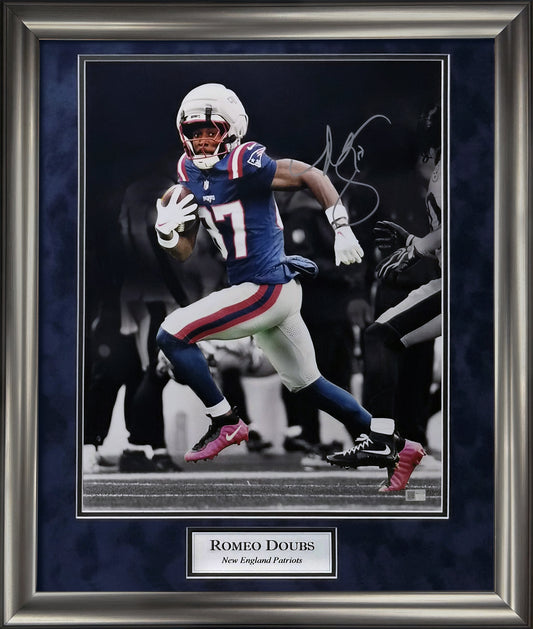 Romeo Doubs Autograph 16x20 Photo - Run With Ball Spotlight - New England Patriots - Framed 23x27 - New England Picture Authentication