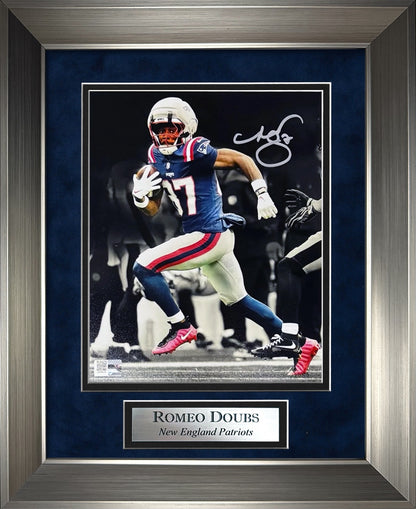 Romeo Doubs Autograph 8x10 Photo - Run With Ball Spotlight - New England Patriots - Framed 13x16 - New England Picture Authentication