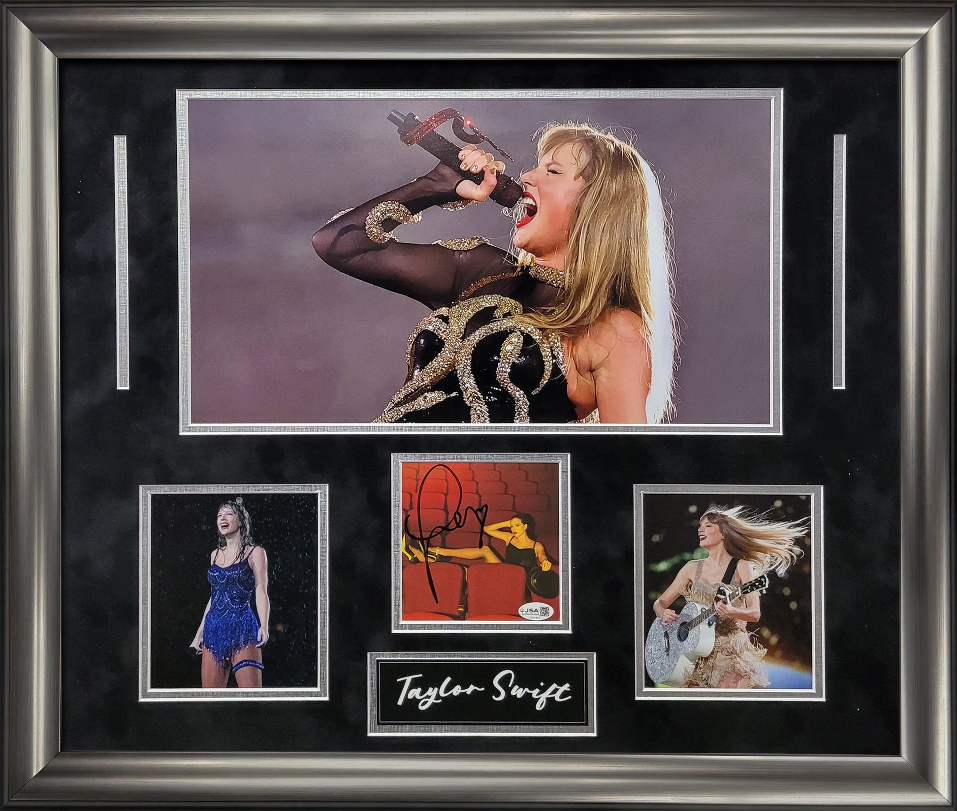 Framed collage of Taylor Swift performing with a Taylor Swift signature underneath the larger picture and 2 smaller concert images. The Taylor Swift autograph insert is JSA authenticated.