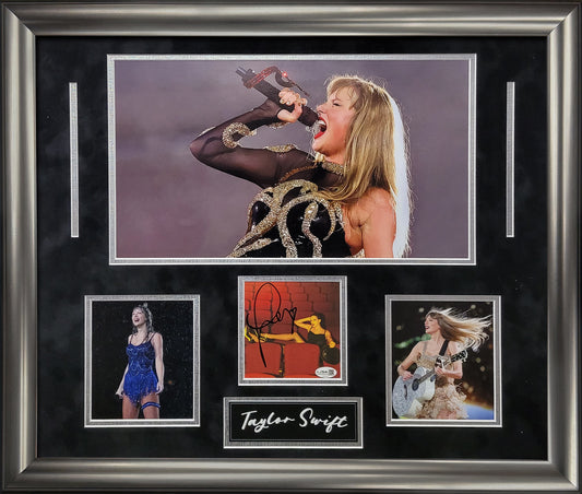 Framed collage of Taylor Swift performing with a Taylor Swift signature underneath the larger picture and 2 smaller concert images. The Taylor Swift autograph insert is JSA authenticated.