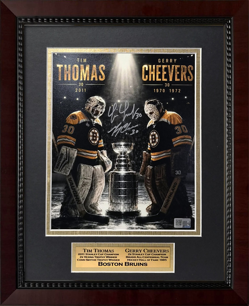 Tim Thomas, Gerry Cheevers Double Autograph 8x10 Photo - Stanley Cup Champions - Boston Bruins - Framed 13x16 - New England Picture Authentication