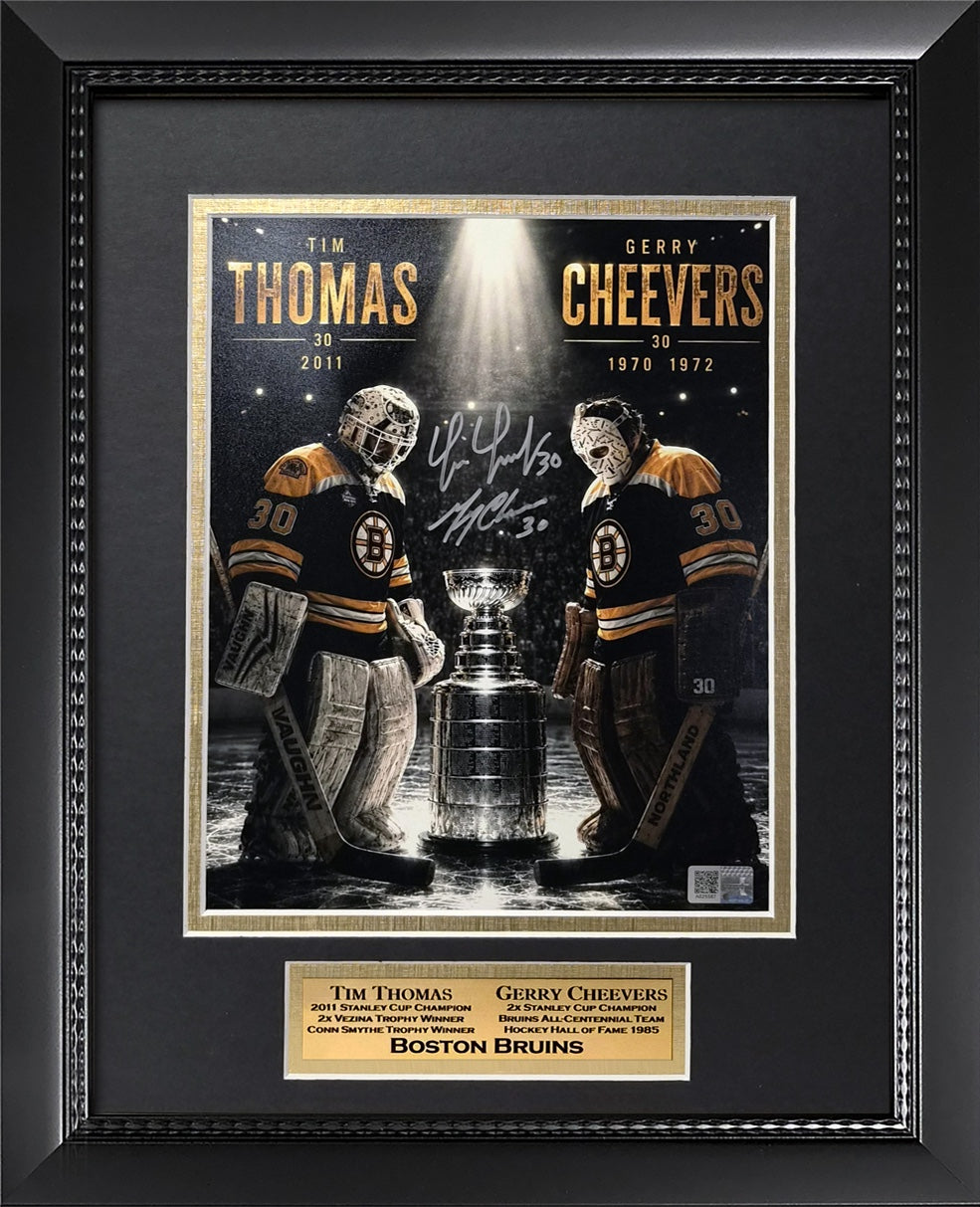 Tim Thomas, Gerry Cheevers Double Autograph 8x10 Photo - Stanley Cup Champions - Boston Bruins - Framed 13x16 - New England Picture Authentication