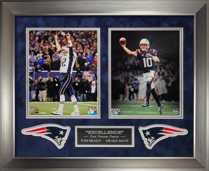 Tom Brady, Drake Maye 8x10 Photographs - "Excellence" 2 Way Collage - New England Patriots - Framed 18x22
