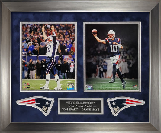 Tom Brady, Drake Maye 8x10 Photographs - "Excellence" 2 Way Collage - New England Patriots - Framed 18x22