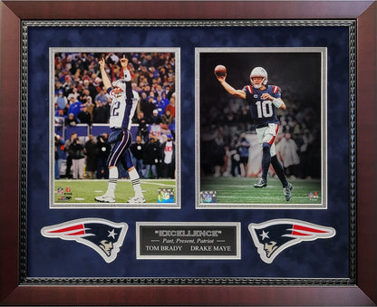 Tom Brady, Drake Maye 8x10 Photographs - "Excellence" 2 Way Collage - New England Patriots - Framed 18x22