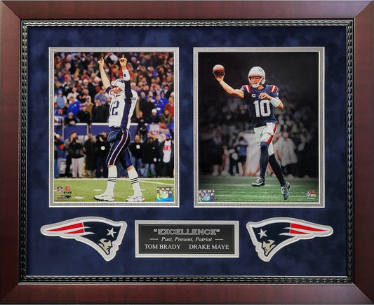 Tom Brady, Drake Maye 8x10 Photographs - "Excellence" 2 Way Collage - New England Patriots - Framed 18x22