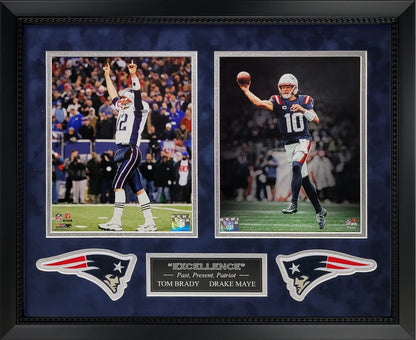 Tom Brady, Drake Maye 8x10 Photographs - "Excellence" 2 Way Collage - New England Patriots - Framed 18x22
