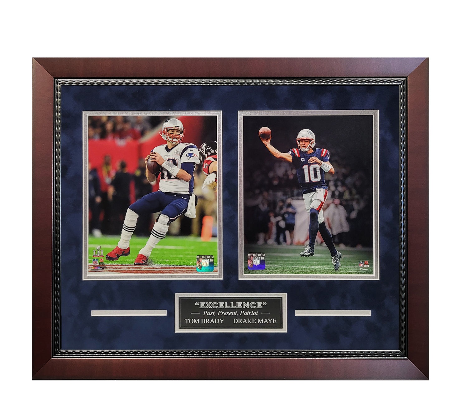 Tom Brady, Drake Maye 8x10 Photos - "Excellence" 2 Way Collage - New England Patriots - Framed 18x22