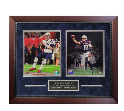 Tom Brady, Drake Maye 8x10 Photos - "Excellence" 2 Way Collage - New England Patriots - Framed 18x22