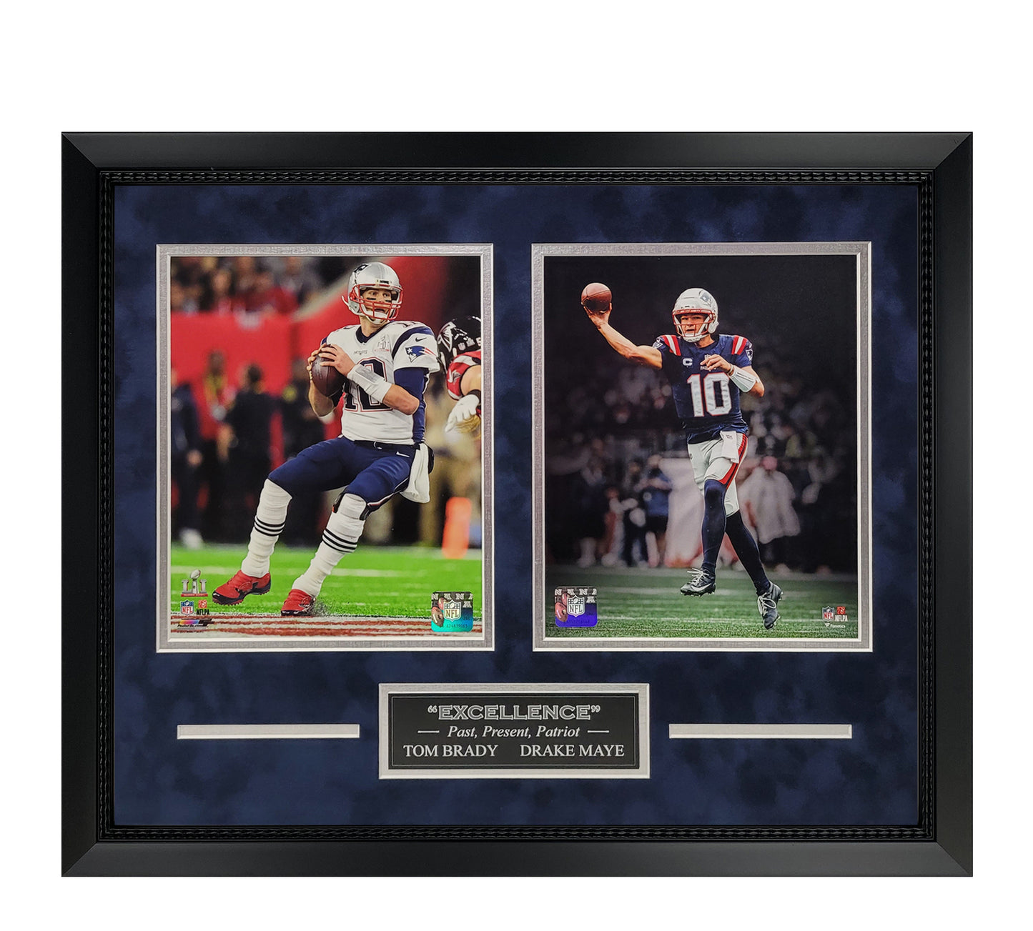 Tom Brady, Drake Maye 8x10 Photos - "Excellence" 2 Way Collage - New England Patriots - Framed 18x22