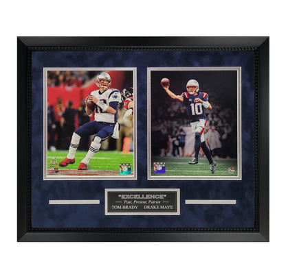 Tom Brady, Drake Maye 8x10 Photos - "Excellence" 2 Way Collage - New England Patriots - Framed 18x22