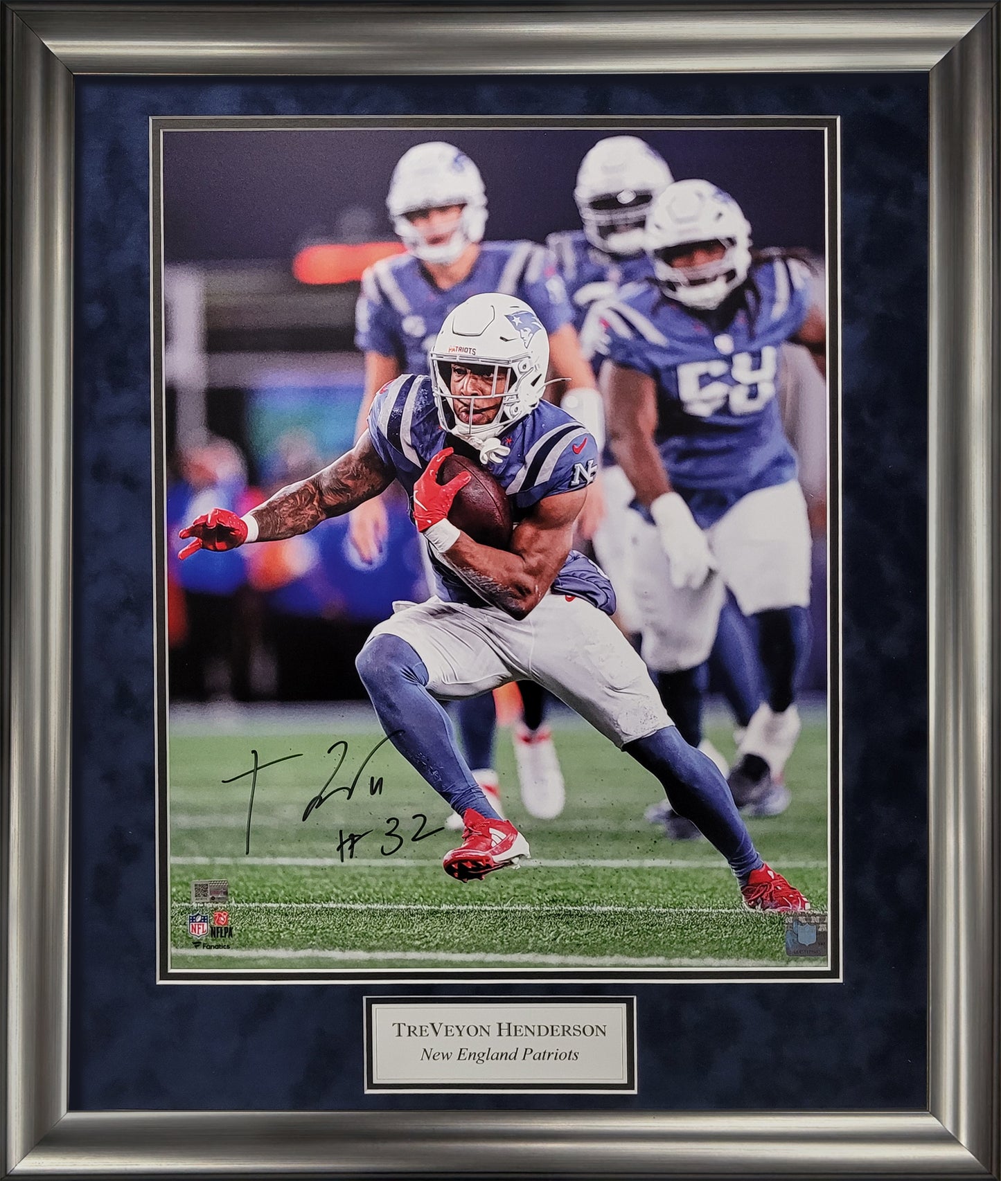 TreVeyon Henderson Autograph 16x20 Photo - Rivalry Uniform - New England Patriots - Framed 23x27 - New England Picture Authentication