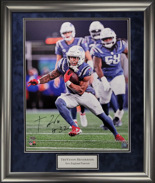 TreVeyon Henderson Autograph 16x20 Photo - Rivalry Uniform - New England Patriots - Framed 23x27 - New England Picture Authentication