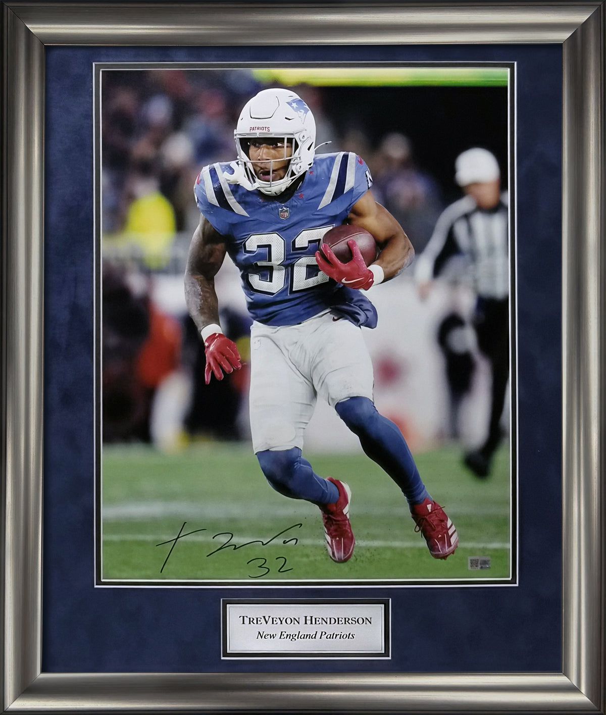 TreVeyon Henderson Autograph 16x20 Photo - Rivalry Uniform - New England Patriots - Framed 23x27 - New England Picture Authentication