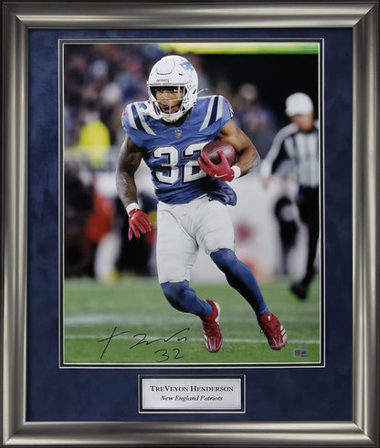 TreVeyon Henderson Autograph 16x20 Photo - Rivalry Uniform - New England Patriots - Framed 23x27 - New England Picture Authentication