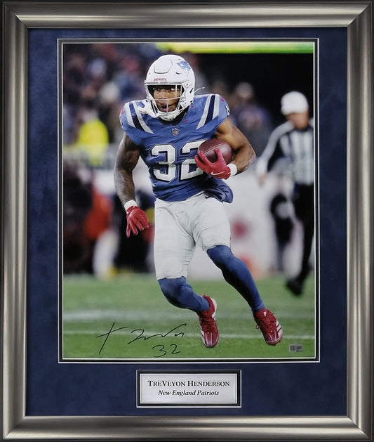 TreVeyon Henderson Autograph 16x20 Photo - Rivalry Uniform - New England Patriots - Framed 23x27 - New England Picture Authentication
