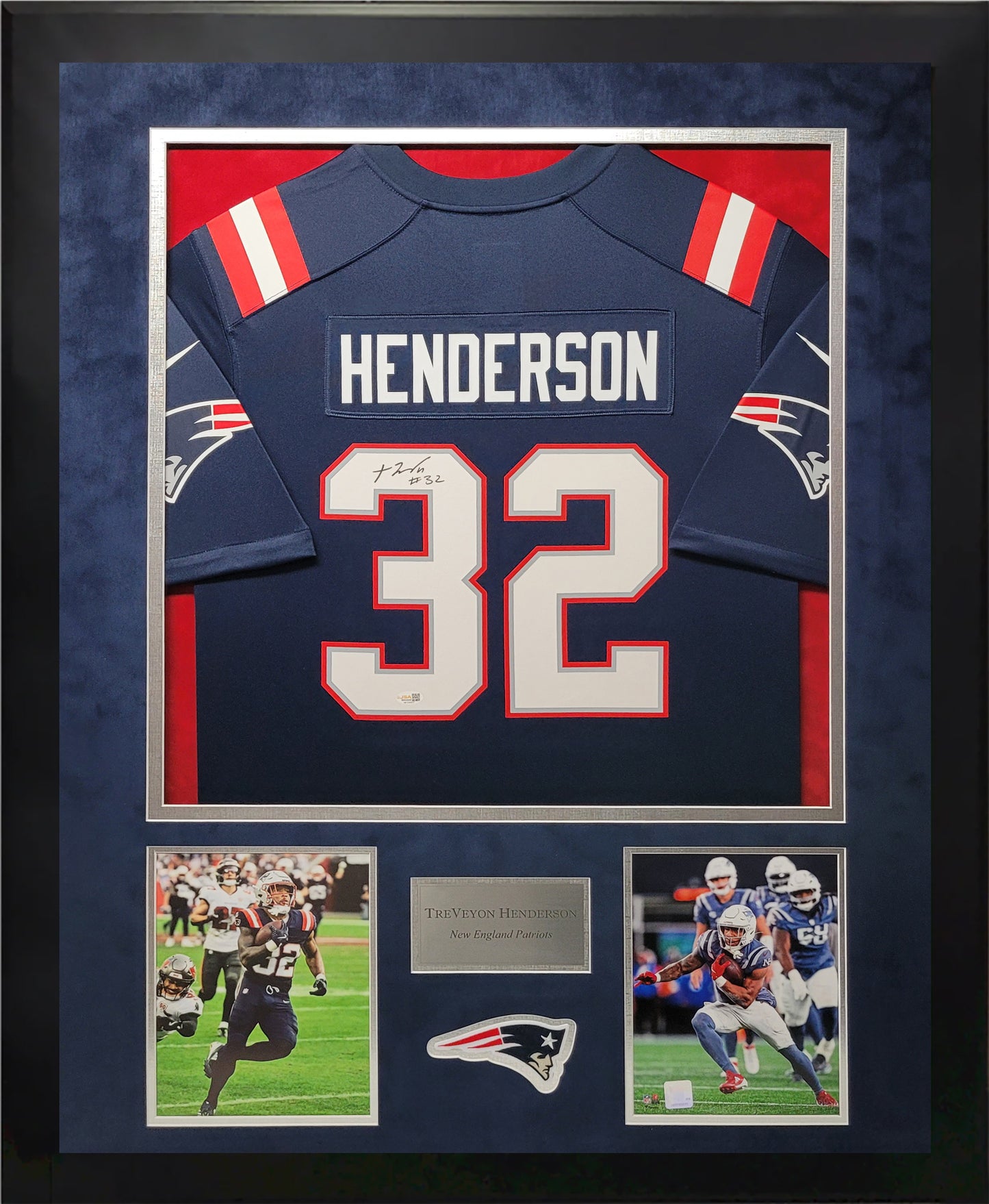 TreVeyon Henderson Autographed Jersey - New England Patriots - Framed 37x45 - JSA Authentication