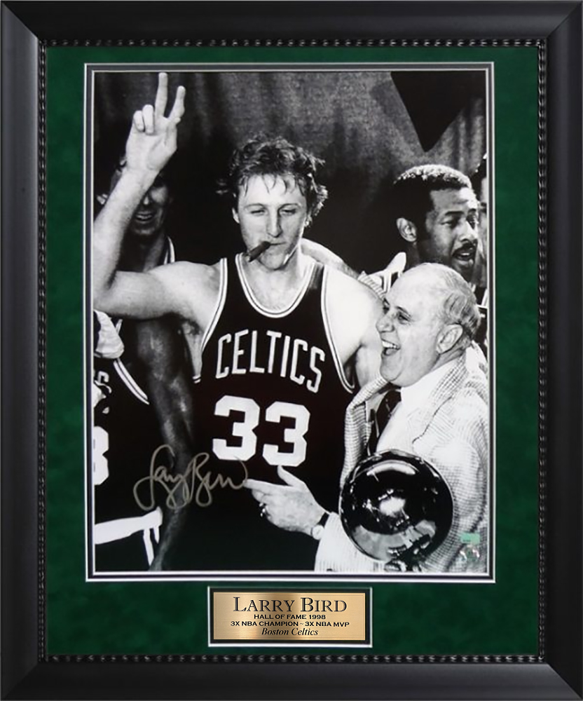 Larry Bird Signed Boston Celtics Cigar Celebration With Red Auerbach B&W  16x20 Photo - Larry Bird Authentic