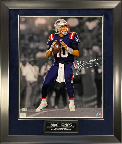 Mac Jones Autograph Photo Patriots Spotlight Blue Uniform 23x27 Beckett 