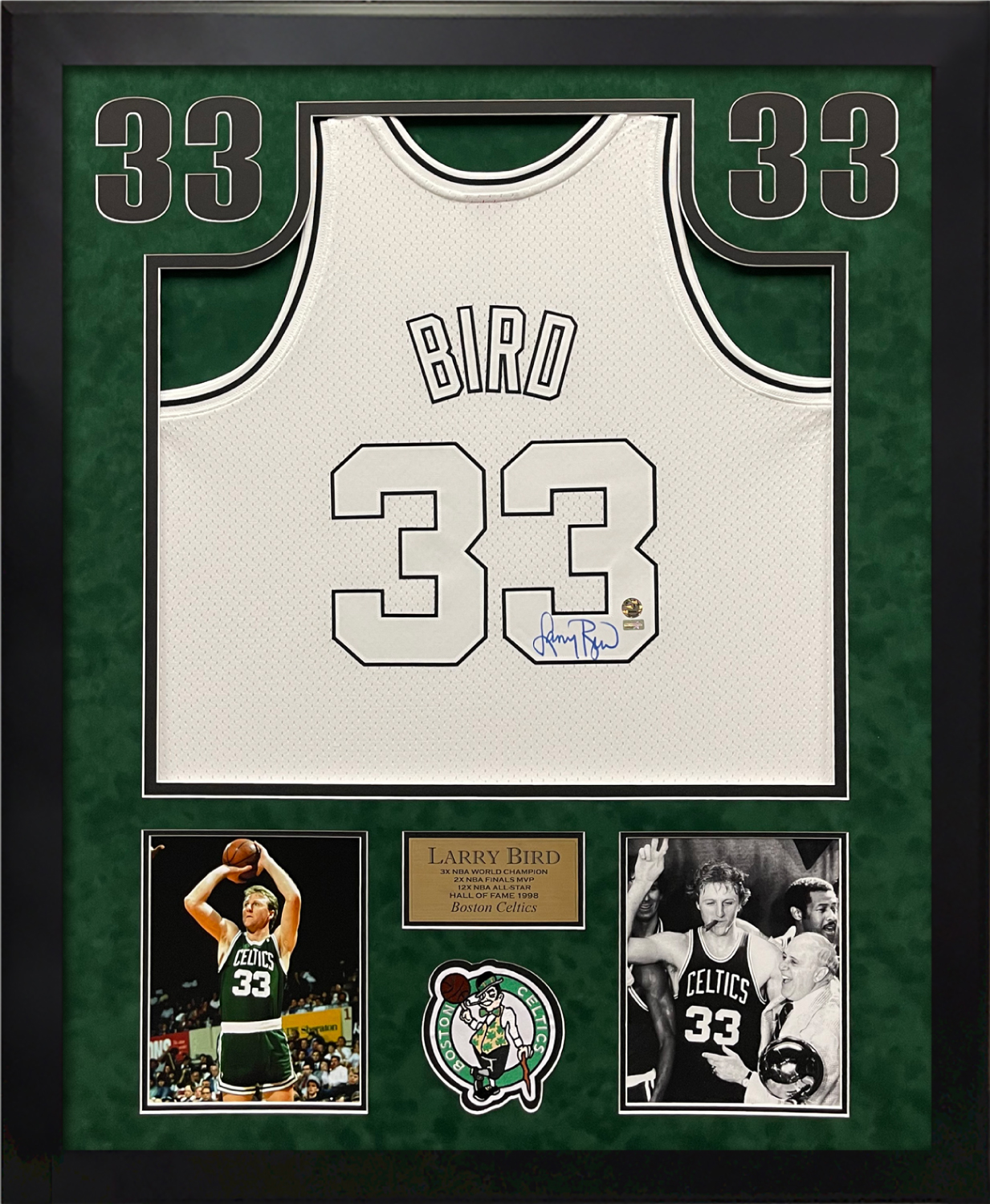 Larry Bird Signed Official Green Boston Celtics Basketball Jersey Framed