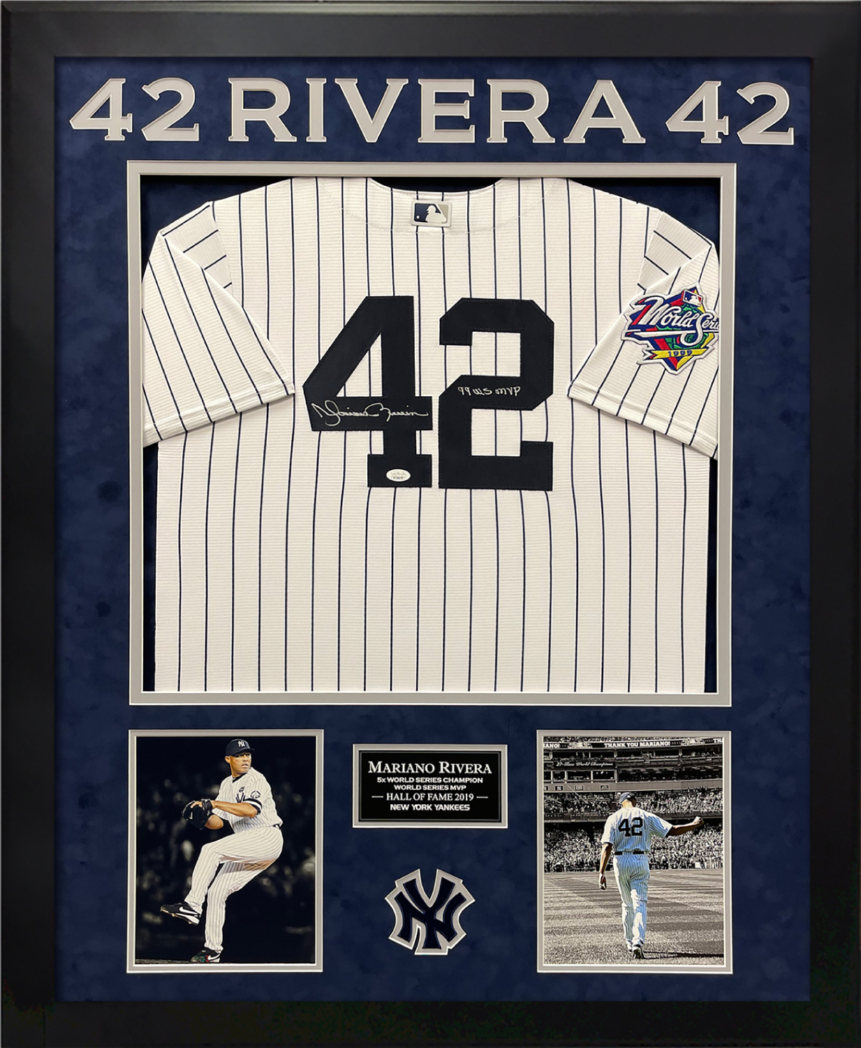 Mariano Rivera Autograph Jersey New York Yankees White with Inscription 99  WS MVP Framed 37x45 - New England Picture