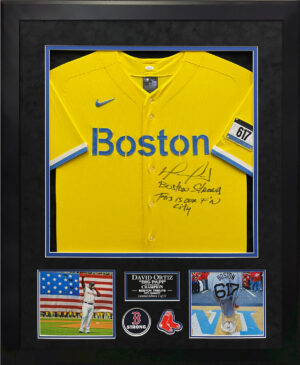 Tom Brady, David Ortiz Double Autograph Jersey Boston Red Sox with  Inscription This is Our F'n City Framed 37x45
