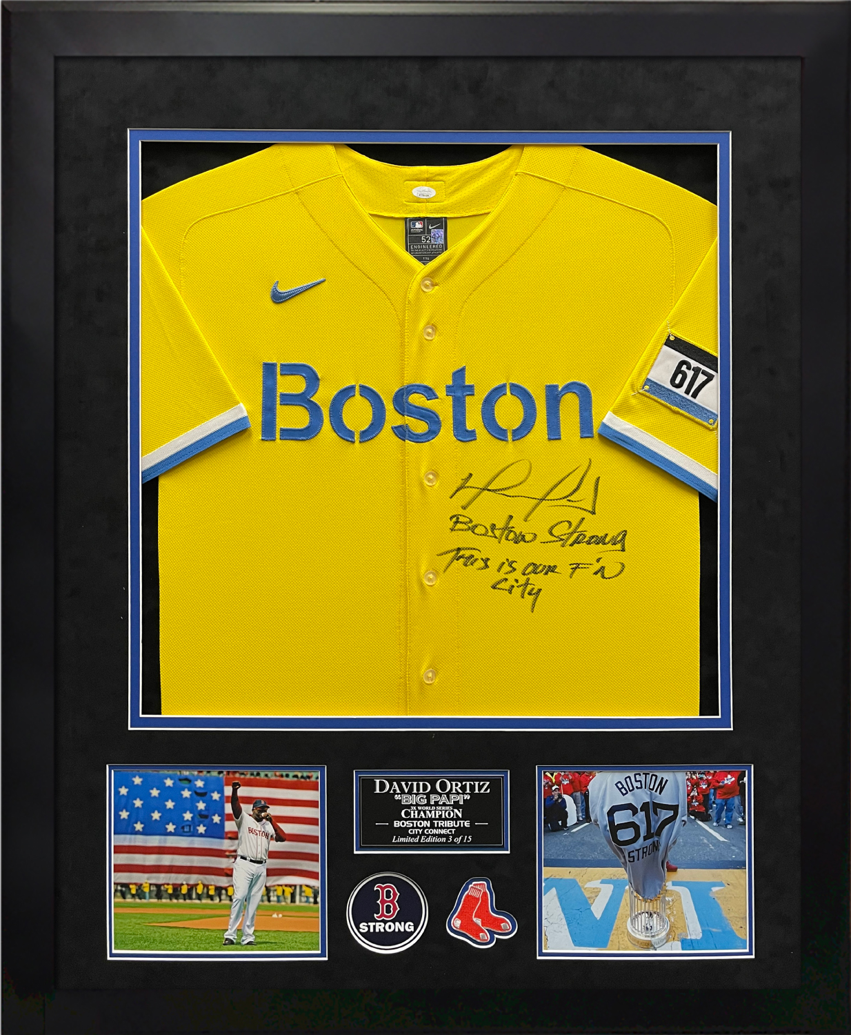 David Ortiz Autograph Jersey City Connect Yellow with Inscription Boston  Strong This is Our F'n City