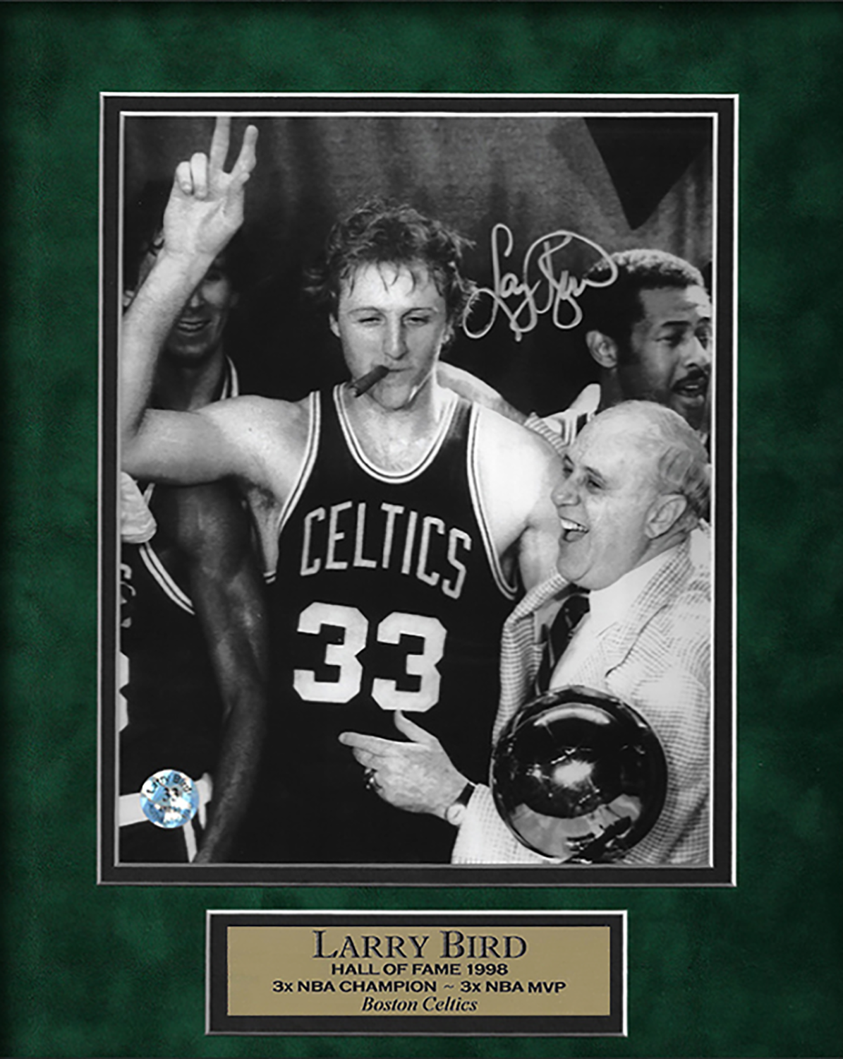 Larry Bird Autograph Photo With Cigar & Red Auerbach 11×14