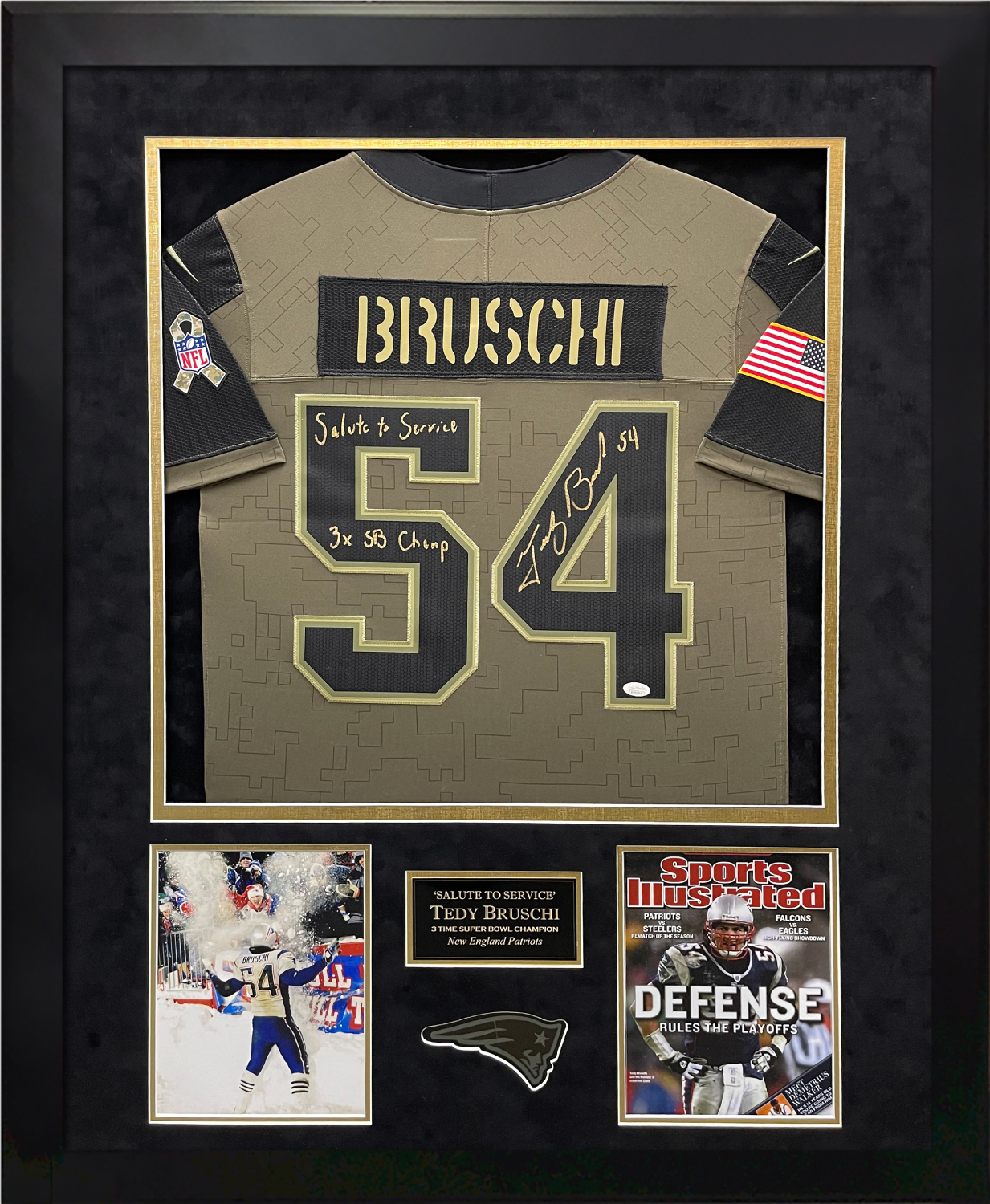 Tedy Bruschi Autograph Salute to Service Jersey W/ Inscription Framed 37x45  - New England Picture